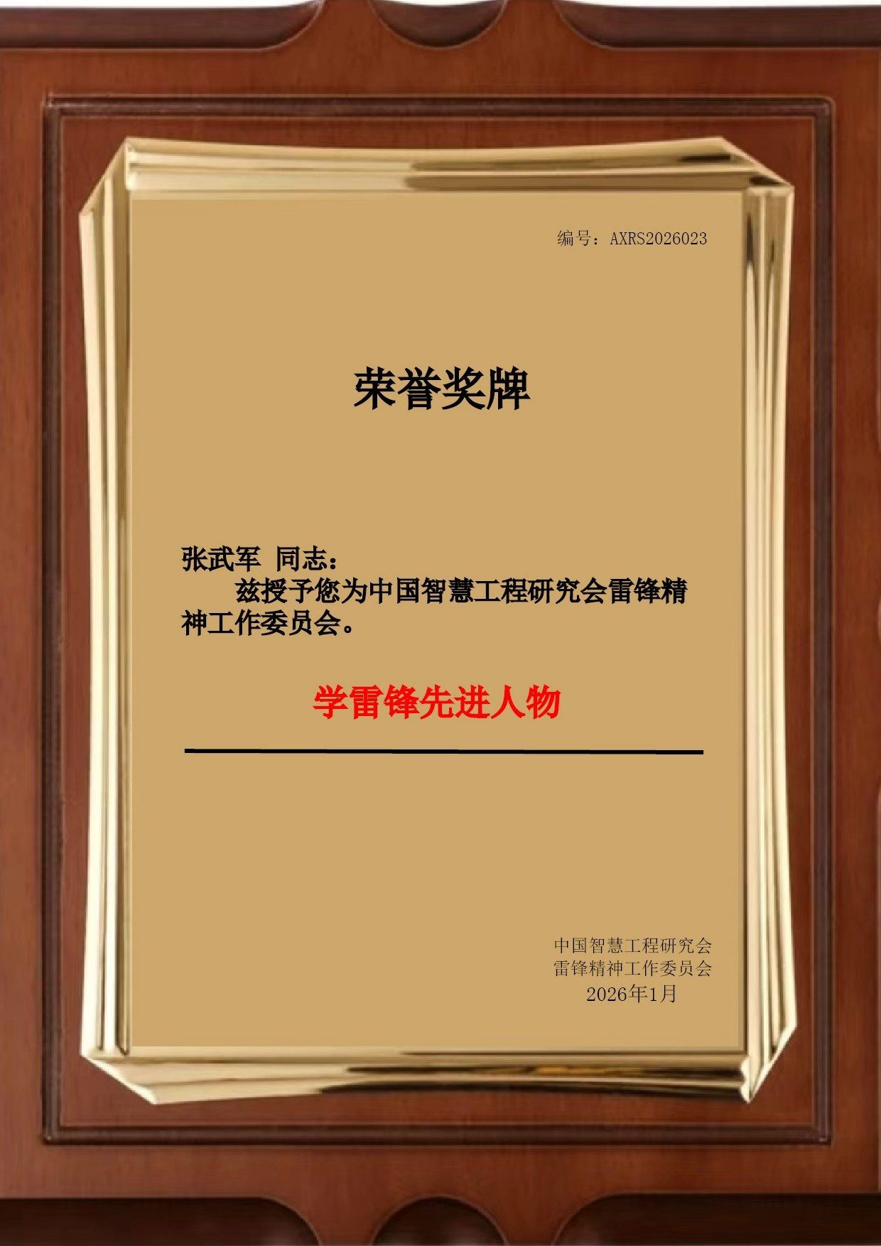 学雷锋先进人物荣誉奖牌;中国智慧工程研究会雷锋精神工作委员会;2026年1月